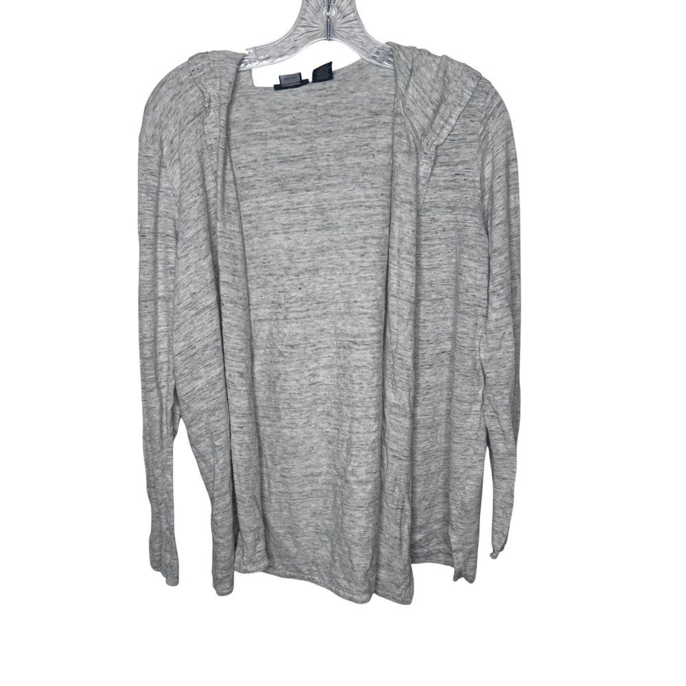 Tahari Womens XL Heather Grey 100%‎ Linen Hooded Open Front Cardigan Sweater